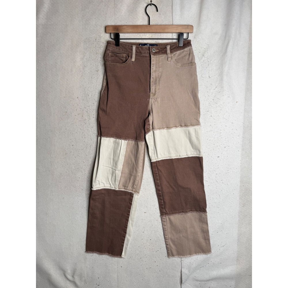 Hollister Ultra High-Rise Dad Jeans Patchwork Brown Tan Cream W27 L31 Colorblock - Picture 1 of 8